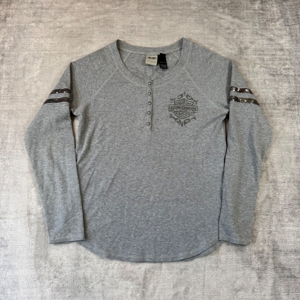 Harley Davidson Shirt Womens XL Gray Sequin Graphic Waffle Knit Henley Biker Y2K